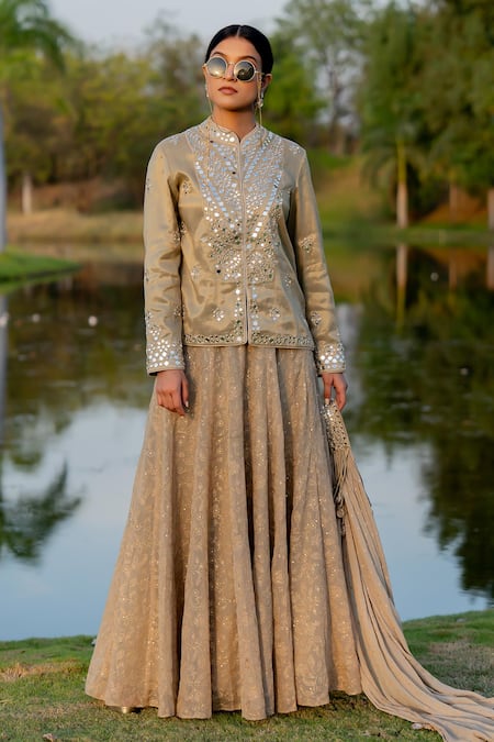 Buy Nikita Vishakha Beige Tissue, Jersey, Jacquard Embroidery, Mirrors Jacket Kurta Skirt Set Online at Aza Fashions Buy_Nikita Vishakha_Beige Tissue, Jersey, Jacquard Embroidery, Mirrors Jacket Kurta Skirt Set _Online_at_Aza_Fashions