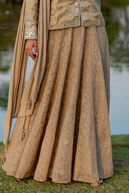 Shop Nikita Vishakha Beige Tissue, Jersey, Jacquard Embroidery, Mirrors Jacket Kurta Skirt Set Online at Aza Fashions Shop_Nikita Vishakha_Beige Tissue, Jersey, Jacquard Embroidery, Mirrors Jacket Kurta Skirt Set _Online_at_Aza_Fashions