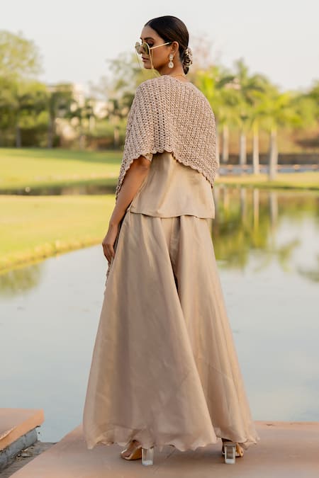 Nikita Vishakha_Beige Tissue, Net Mirrors V-neck Embroidered Short Kurta Sharara Set _Online_at_Aza_Fashions