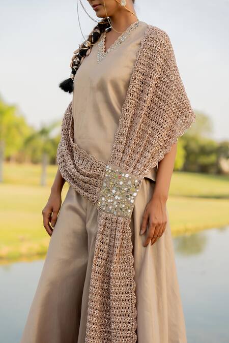 Nikita Vishakha_Beige Tissue, Net Mirrors V-neck Embroidered Short Kurta Sharara Set _at_Aza_Fashions