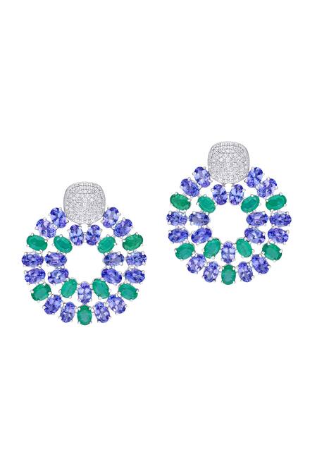 Shop Kaj Fine Jewellery Blue Imitation Diamonds 18kt White Gold Azure Mismatched Earrings at Aza Fashions Shop_Kaj Fine Jewellery_Blue Imitation Diamonds 18kt White Gold Azure Mismatched Earrings_at_Aza_Fashions