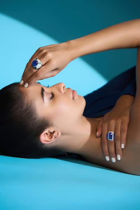 Kaj Fine Jewellery_Blue Imitation Diamonds 18kt White Gold Azure Armour Ring_Online_at_Aza_Fashions