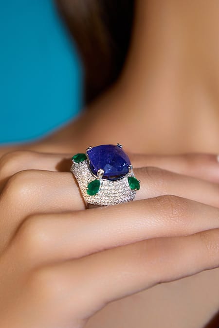 Kaj Fine Jewellery_Blue Imitation Diamonds 18kt White Gold Azure Cocktail Ring_Online_at_Aza_Fashions