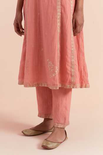 Shop_Priya Chaudhary_Peach Chanderi Embroidery V-neck Floral Block Print Kurta And Pant Set _Online_at_Aza_Fashions