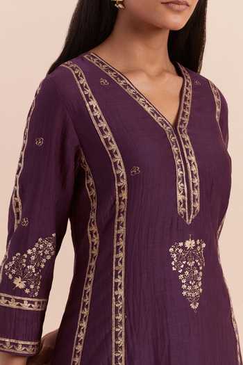 Buy Priya Chaudhary Purple Chanderi Embroidery V-neck Printed Kurta And Pant Set Online at Aza Fashions Buy_Priya Chaudhary_Purple Chanderi Embroidery V-neck Printed Kurta And Pant Set _Online_at_Aza_Fashions