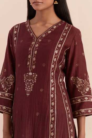 Buy Priya Chaudhary Red Chanderi, Cotton Embroidery V-neck Flower Print Kurta And Pant Set Online at Aza Fashions Buy_Priya Chaudhary_Red Chanderi, Cotton Embroidery V-neck Flower Print Kurta And Pant Set _Online_at_Aza_Fashions