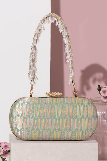 Shop Amyra Green Beads Titli Ambrosia Banarasi Silk Capsule Clutch at Aza Fashions Shop_Amyra_Green Beads Titli Ambrosia Banarasi Silk Capsule Clutch _at_Aza_Fashions