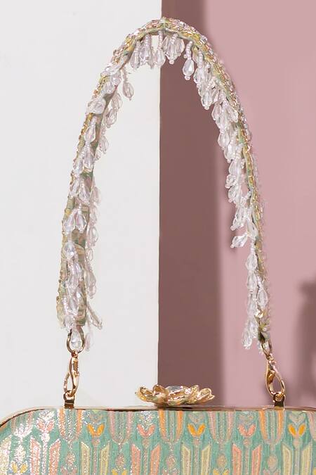 Amyra Green Beads Titli Ambrosia Banarasi Silk Capsule Clutch Online at Aza Fashions Amyra_Green Beads Titli Ambrosia Banarasi Silk Capsule Clutch _Online_at_Aza_Fashions