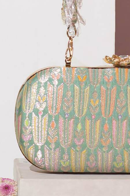 Buy Amyra Green Beads Titli Ambrosia Banarasi Silk Capsule Clutch Online at Aza Fashions Buy_Amyra_Green Beads Titli Ambrosia Banarasi Silk Capsule Clutch _Online_at_Aza_Fashions