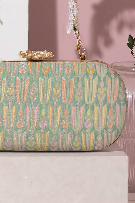 Shop Amyra Green Beads Titli Ambrosia Banarasi Silk Capsule Clutch Online at Aza Fashions Shop_Amyra_Green Beads Titli Ambrosia Banarasi Silk Capsule Clutch _Online_at_Aza_Fashions