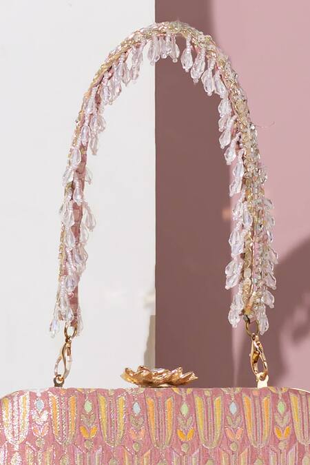 Amyra Pink Embroidery, Tassels Titli Blossom Banarasi Silk Capsule Clutch Online at Aza Fashions Amyra_Pink Embroidery, Tassels Titli Blossom Banarasi Silk Capsule Clutch_Online_at_Aza_Fashions