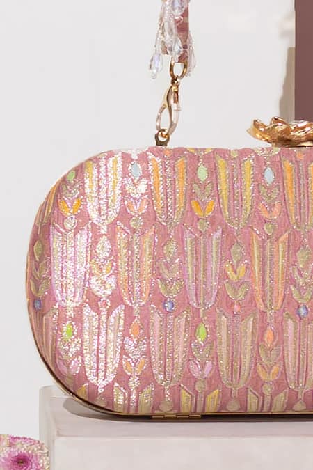 Buy Amyra Pink Embroidery, Tassels Titli Blossom Banarasi Silk Capsule Clutch Online at Aza Fashions Buy_Amyra_Pink Embroidery, Tassels Titli Blossom Banarasi Silk Capsule Clutch_Online_at_Aza_Fashions