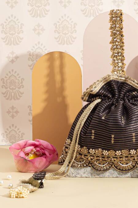 Buy_Amyra_Black Pearls, Zari Fleur Garden Woven Potli Bag_Online_at_Aza_Fashions