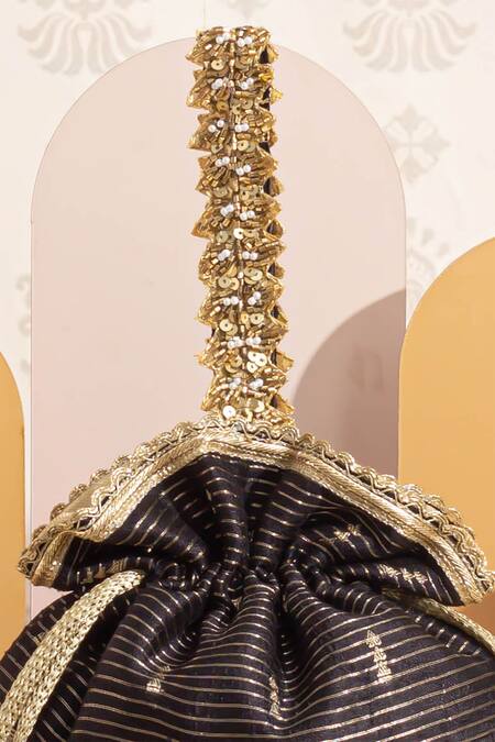 Shop_Amyra_Black Pearls, Zari Fleur Garden Woven Potli Bag_Online_at_Aza_Fashions