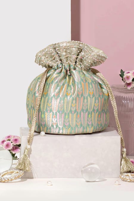 Shop Amyra Green Pearls, Sequins, Applique Titli Ambrosia Banarasi Silk Potli Bag at Aza Fashions Shop_Amyra_Green Pearls, Sequins, Applique Titli Ambrosia Banarasi Silk Potli Bag _at_Aza_Fashions