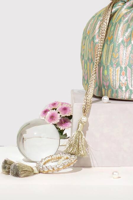 Amyra Green Pearls, Sequins, Applique Titli Ambrosia Banarasi Silk Potli Bag Online at Aza Fashions Amyra_Green Pearls, Sequins, Applique Titli Ambrosia Banarasi Silk Potli Bag _Online_at_Aza_Fashions