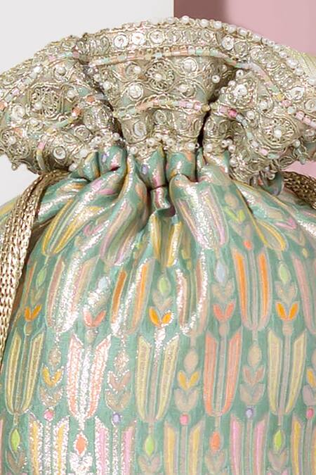 Buy Amyra Green Pearls, Sequins, Applique Titli Ambrosia Banarasi Silk Potli Bag Online at Aza Fashions Buy_Amyra_Green Pearls, Sequins, Applique Titli Ambrosia Banarasi Silk Potli Bag _Online_at_Aza_Fashions