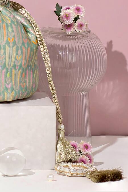 Shop Amyra Green Pearls, Sequins, Applique Titli Ambrosia Banarasi Silk Potli Bag Online at Aza Fashions Shop_Amyra_Green Pearls, Sequins, Applique Titli Ambrosia Banarasi Silk Potli Bag _Online_at_Aza_Fashions