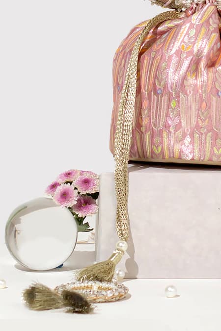 Amyra_Pink Pearls, Sequins Titli Fleur Banarasi Silk Potli Bag_Online_at_Aza_Fashions