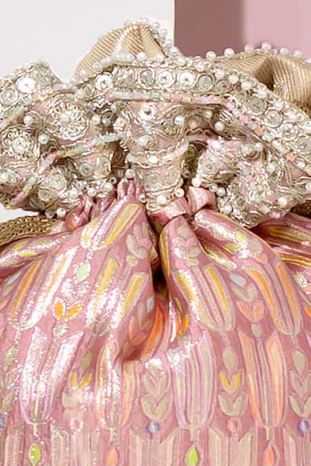 Buy_Amyra_Pink Pearls, Sequins Titli Fleur Banarasi Silk Potli Bag_Online_at_Aza_Fashions