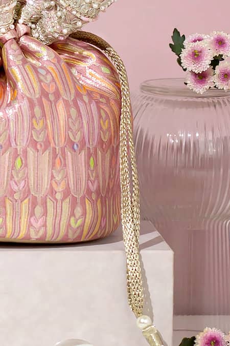 Shop_Amyra_Pink Pearls, Sequins Titli Fleur Banarasi Silk Potli Bag_Online_at_Aza_Fashions