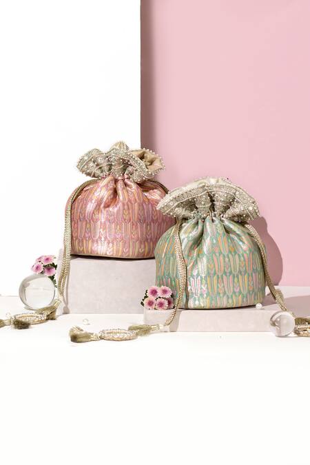 Amyra_Pink Pearls, Sequins Titli Fleur Banarasi Silk Potli Bag_at_Aza_Fashions