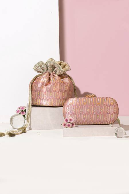 Buy_Amyra_Pink Pearls, Sequins Titli Fleur Banarasi Silk Potli Bag