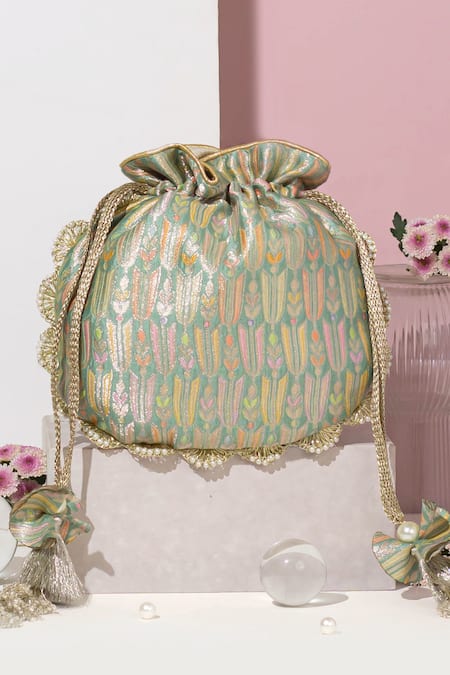 Shop Amyra Green Pearls, Lace Titli Ambrosia Bloom Banarasi Silk Potli Bag at Aza Fashions Shop_Amyra_Green Pearls, Lace Titli Ambrosia Bloom Banarasi Silk Potli Bag _at_Aza_Fashions