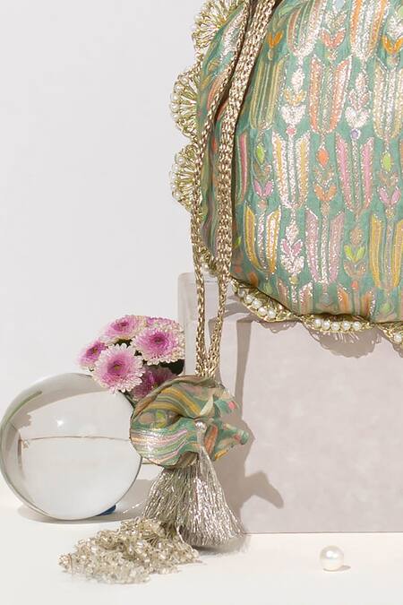 Amyra Green Pearls, Lace Titli Ambrosia Bloom Banarasi Silk Potli Bag Online at Aza Fashions Amyra_Green Pearls, Lace Titli Ambrosia Bloom Banarasi Silk Potli Bag _Online_at_Aza_Fashions