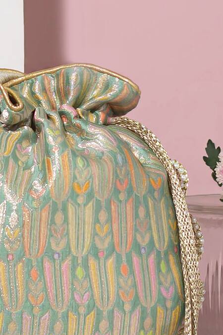 Buy Amyra Green Pearls, Lace Titli Ambrosia Bloom Banarasi Silk Potli Bag Online at Aza Fashions Buy_Amyra_Green Pearls, Lace Titli Ambrosia Bloom Banarasi Silk Potli Bag _Online_at_Aza_Fashions