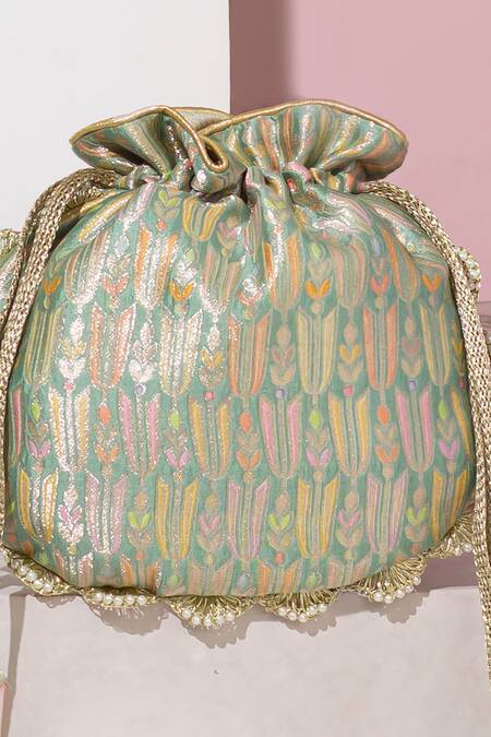 Shop Amyra Green Pearls, Lace Titli Ambrosia Bloom Banarasi Silk Potli Bag Online at Aza Fashions Shop_Amyra_Green Pearls, Lace Titli Ambrosia Bloom Banarasi Silk Potli Bag _Online_at_Aza_Fashions