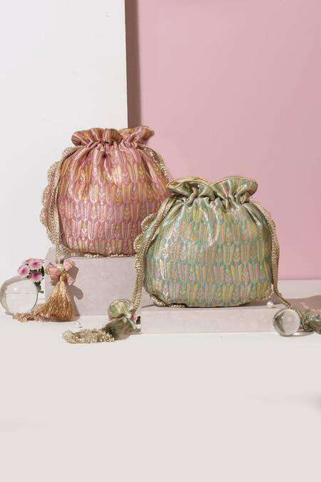 Amyra Green Pearls, Lace Titli Ambrosia Bloom Banarasi Silk Potli Bag at Aza Fashions Amyra_Green Pearls, Lace Titli Ambrosia Bloom Banarasi Silk Potli Bag _at_Aza_Fashions