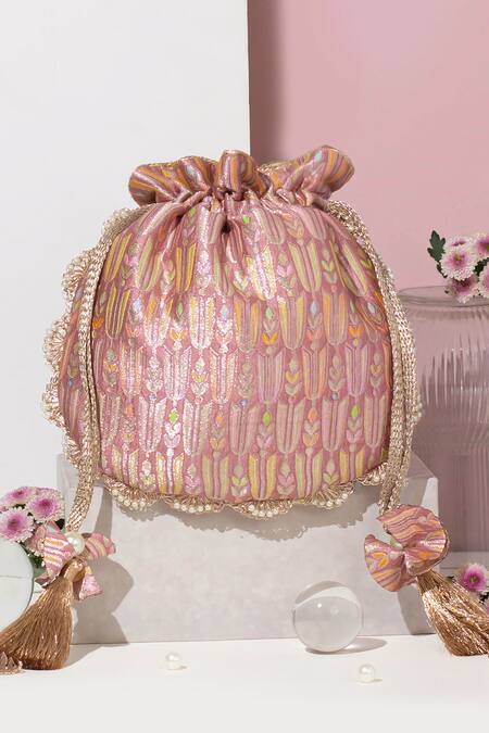 Shop Amyra Pink Pearls, Lace Titli Ambrosia Blossom Banarasi Silk Potli Bag at Aza Fashions Shop_Amyra_Pink Pearls, Lace Titli Ambrosia Blossom Banarasi Silk Potli Bag_at_Aza_Fashions