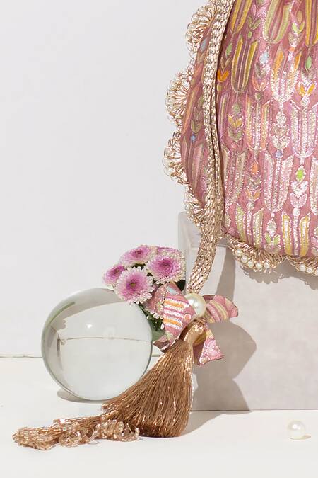 Amyra Pink Pearls, Lace Titli Ambrosia Blossom Banarasi Silk Potli Bag Online at Aza Fashions Amyra_Pink Pearls, Lace Titli Ambrosia Blossom Banarasi Silk Potli Bag_Online_at_Aza_Fashions