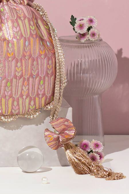 Shop Amyra Pink Pearls, Lace Titli Ambrosia Blossom Banarasi Silk Potli Bag Online at Aza Fashions Shop_Amyra_Pink Pearls, Lace Titli Ambrosia Blossom Banarasi Silk Potli Bag_Online_at_Aza_Fashions