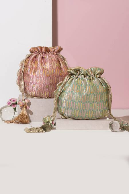 Amyra Pink Pearls, Lace Titli Ambrosia Blossom Banarasi Silk Potli Bag at Aza Fashions Amyra_Pink Pearls, Lace Titli Ambrosia Blossom Banarasi Silk Potli Bag_at_Aza_Fashions