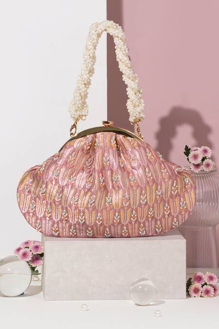 Shop Amyra Pink Pearls Titli Ambrosia Fleur Banarasi Silk Vintage Clutch at Aza Fashions Shop_Amyra_Pink Pearls Titli Ambrosia Fleur Banarasi Silk Vintage Clutch_at_Aza_Fashions