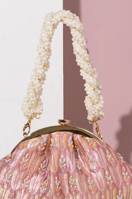 Amyra Pink Pearls Titli Ambrosia Fleur Banarasi Silk Vintage Clutch Online at Aza Fashions Amyra_Pink Pearls Titli Ambrosia Fleur Banarasi Silk Vintage Clutch_Online_at_Aza_Fashions