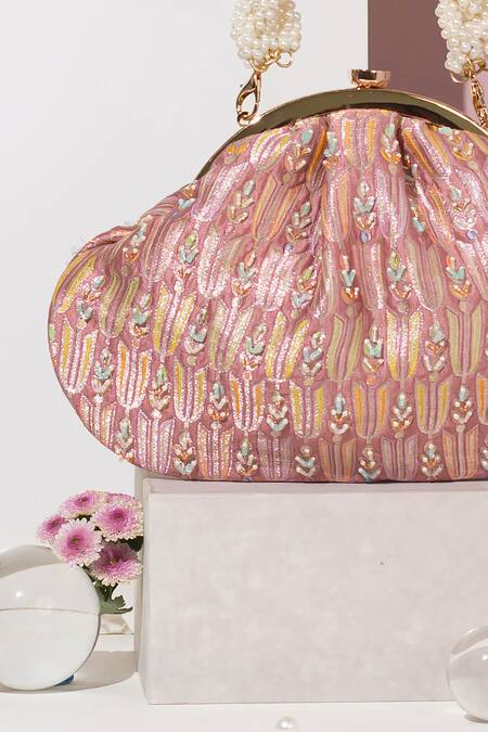 Buy Amyra Pink Pearls Titli Ambrosia Fleur Banarasi Silk Vintage Clutch Online at Aza Fashions Buy_Amyra_Pink Pearls Titli Ambrosia Fleur Banarasi Silk Vintage Clutch_Online_at_Aza_Fashions