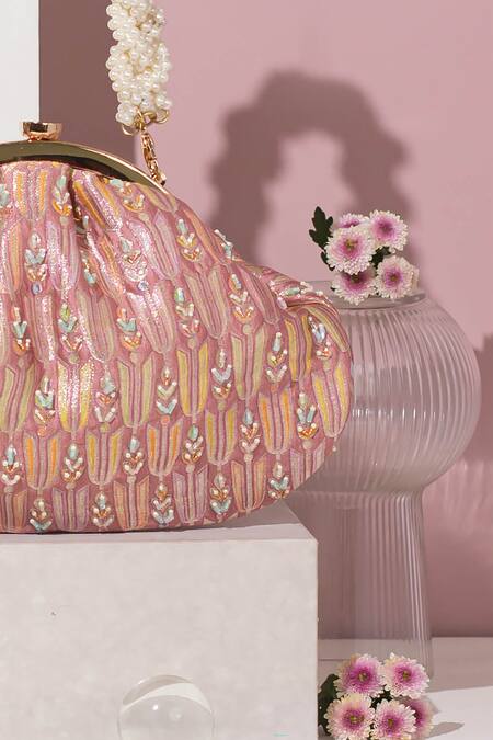 Shop Amyra Pink Pearls Titli Ambrosia Fleur Banarasi Silk Vintage Clutch Online at Aza Fashions Shop_Amyra_Pink Pearls Titli Ambrosia Fleur Banarasi Silk Vintage Clutch_Online_at_Aza_Fashions