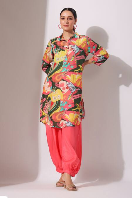 Bairaas_Multi Color Muslin Print Quirky Bloom Collar Neck Kurta With Afghani Pant_Online_at_Aza_Fashions