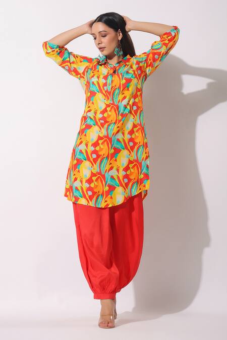 Bairaas Multi Color Muslin Print Quirky Blossom Collar Neck Kurta With Afghani Pant