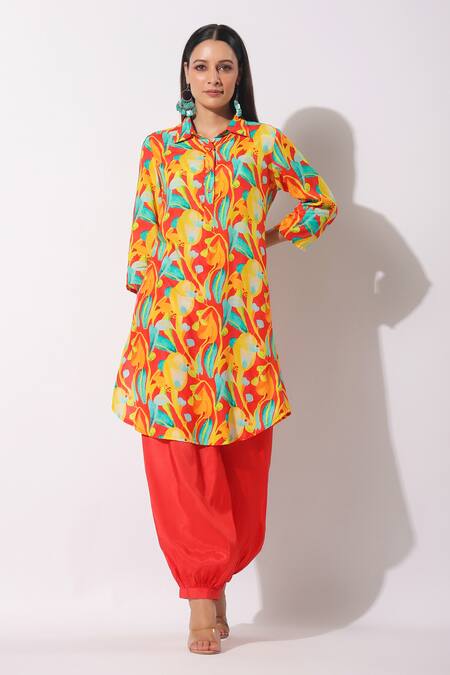 Bairaas_Multi Color Muslin Print Quirky Blossom Collar Neck Kurta With Afghani Pant_Online_at_Aza_Fashions