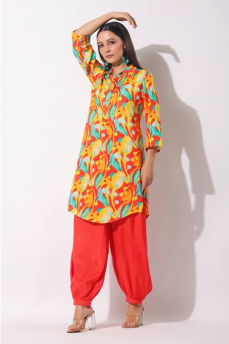 Buy_Bairaas_Multi Color Muslin Print Quirky Blossom Collar Neck Kurta With Afghani Pant_Online_at_Aza_Fashions