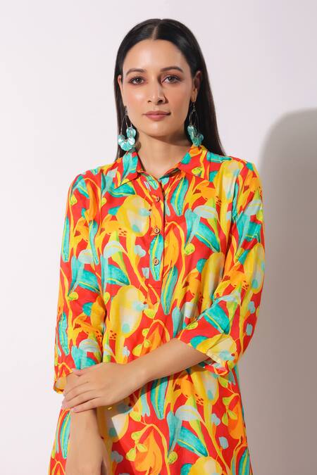Shop_Bairaas_Multi Color Muslin Print Quirky Blossom Collar Neck Kurta With Afghani Pant_Online_at_Aza_Fashions