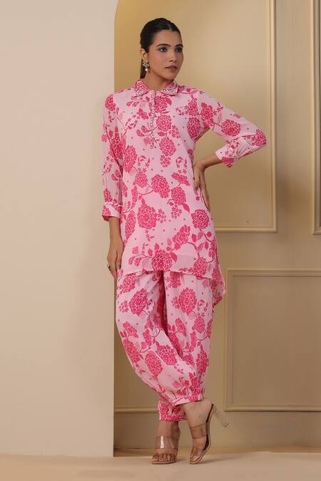Buy_Bairaas_Pink Georgette Pearls, Beads Collared Peony Bloom Print Kurta With Salwar Pant_Online_at_Aza_Fashions