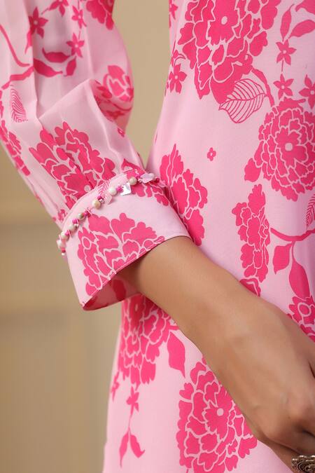 Shop_Bairaas_Pink Georgette Pearls, Beads Collared Peony Bloom Print Kurta With Salwar Pant_Online_at_Aza_Fashions
