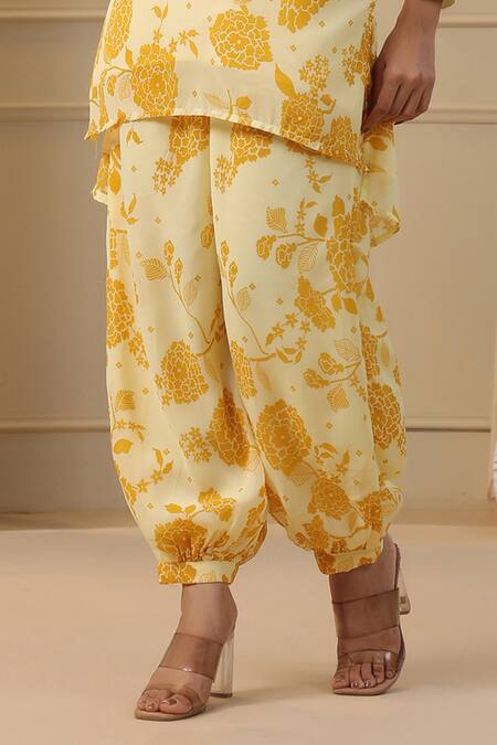 Buy_Bairaas_Cream Georgette Embroidery Collared Buttercup Bloom Print Kurta With Salwar Pant_Online_at_Aza_Fashions