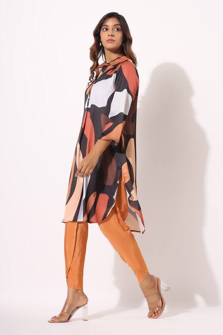 Bairaas_Brown Polyester, Satin Collared Abstract Print Tunic Pant Co-ord Set_Online_at_Aza_Fashions