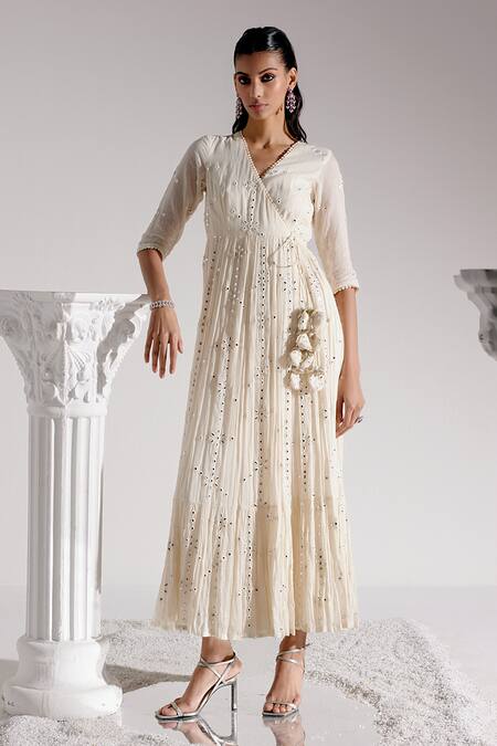 Shop_Preevin_Off White Cotton, Tulle Mirrors, Floweret Angarkha Anarkali With Dupatta _Online_at_Aza_Fashions